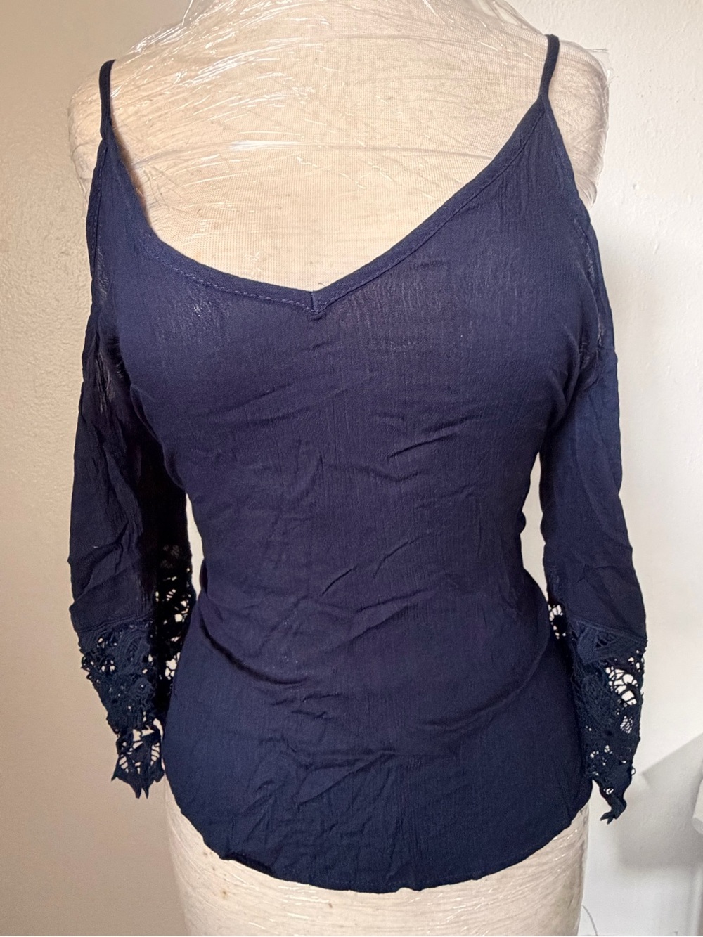 Navy Cold-Shoulder Lace Sleeve Women's Top